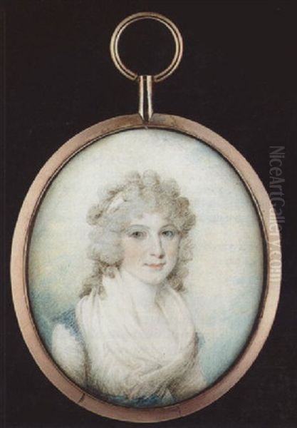 A Lady Wearing White Bandeau In Her Powdered Hair, White Dress With Fichu, Blue Ribbon Waistband And Matching Sleeve Caps by Samuel Shelley