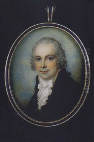 A Gentleman With Powdered Hair En Queue, Wearing Brown Coat With Black Collar, Cream Waistcoat, Tied White Stock And Frilled Cravat Oil Painting by Samuel Shelley