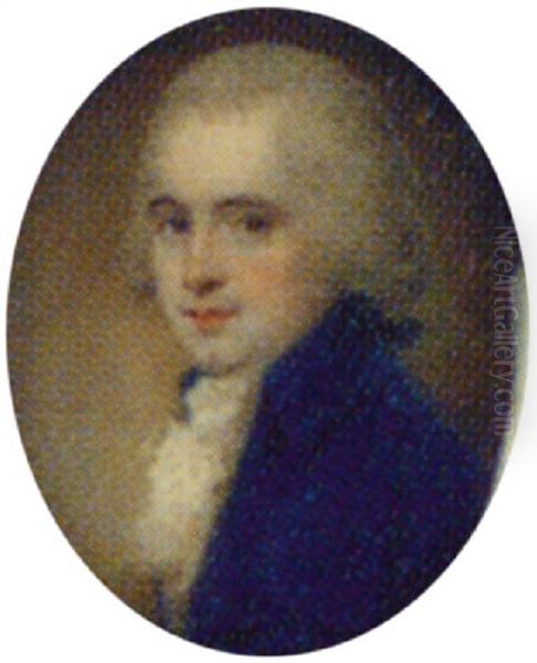 A Gentleman With Powdered Hair En Queue, Wearing A Blue Coat With White Shirt And Cravat Oil Painting by Samuel Shelley