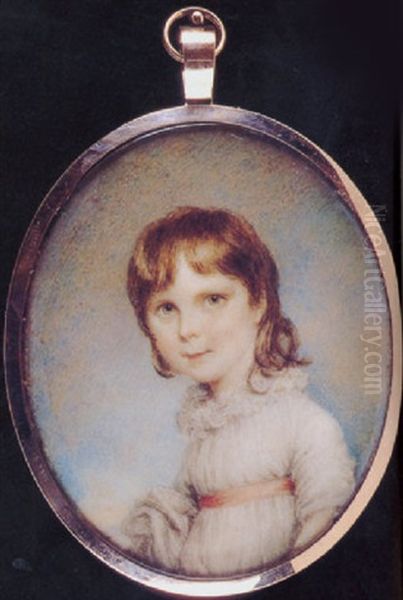 A Young Girl, In White Dress With High Frilled Collar, Pink Waistband And A White Shawl Draped Over Her Right Arm by Samuel Shelley