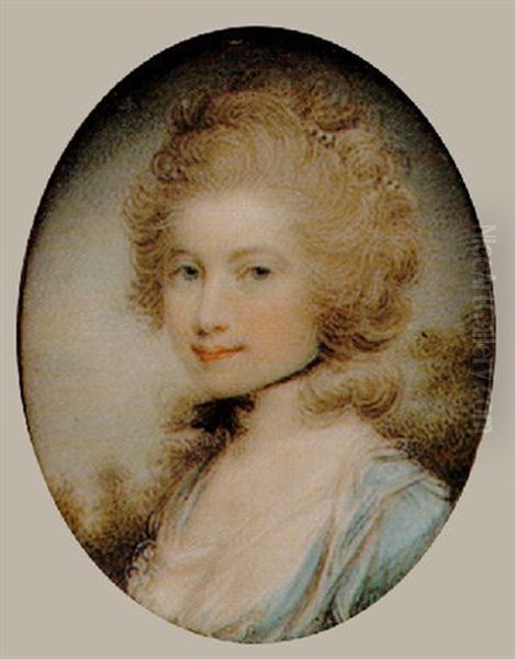 A Lady With Powdered Hair Wearing A Blue Dress And A White Chemise Oil Painting by Samuel Shelley