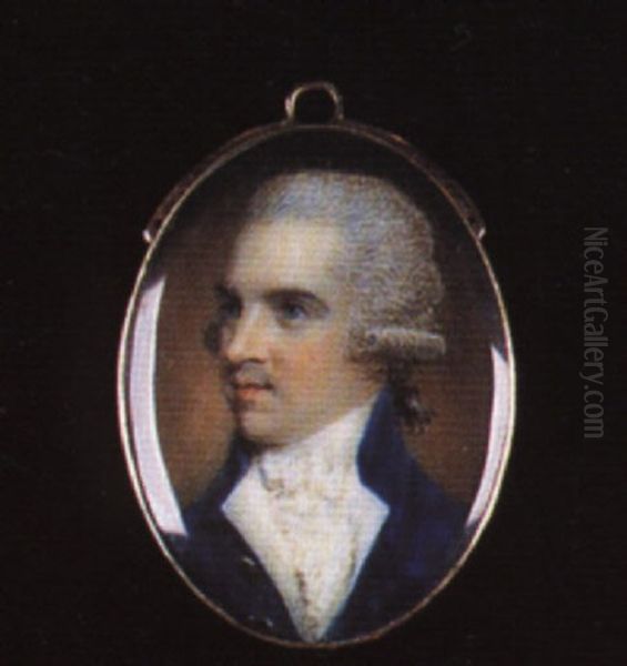 Portrait Of A Gentleman With Powdered Hair En Queue Wearing Blue Coat With Gold Buttons Oil Painting by Samuel Shelley