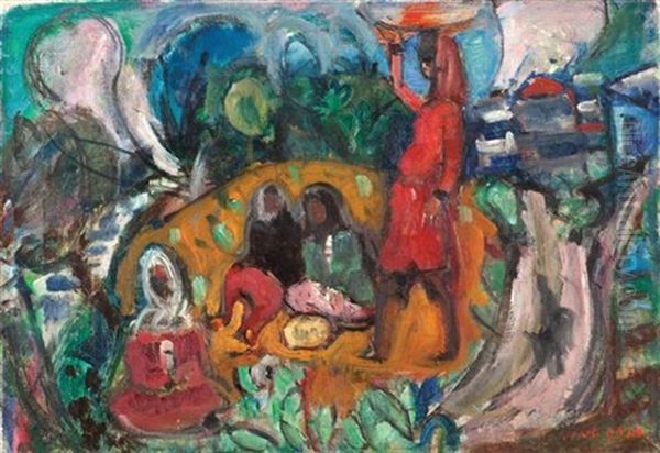 Women In The Village Oil Painting by Menachem Shemi