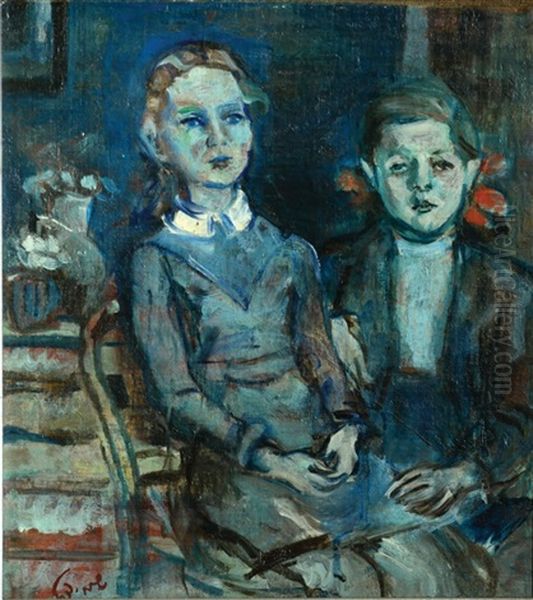 Two Girls In Blue Oil Painting by Menachem Shemi