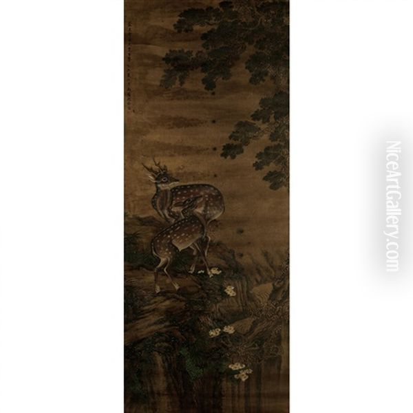 A Chinese Painting Of Deers Oil Painting by  Shen Quan