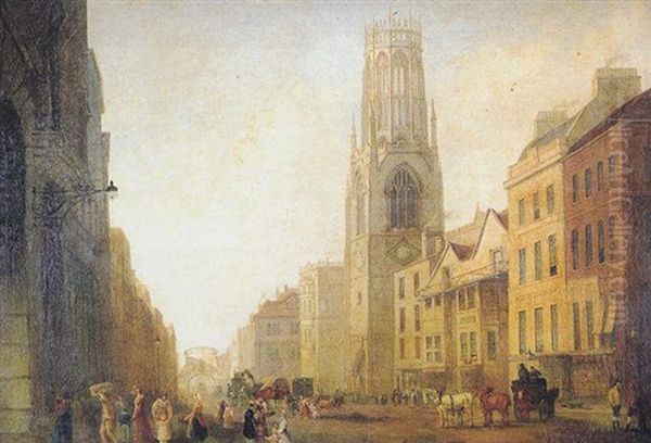 Numerous Figures With Horsedrawn Carriages In Fleet Street, 1840 Oil Painting by George Sidney Shepherd