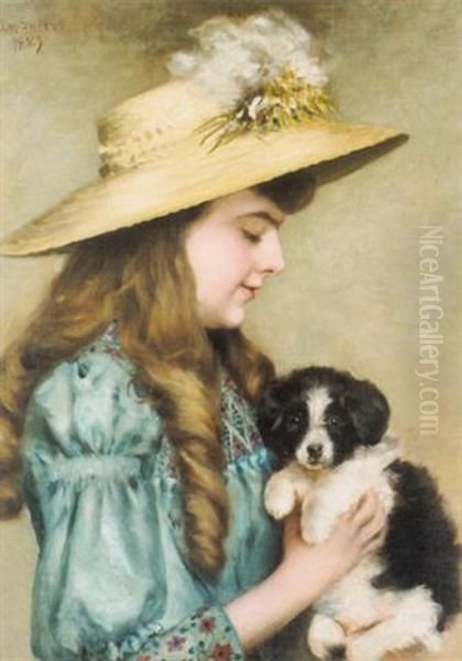 My Puppy Oil Painting by Charlotte Lillian Sheppard