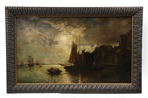 European Harbor In Moonlight Oil Painting by J. Warren Sheppard