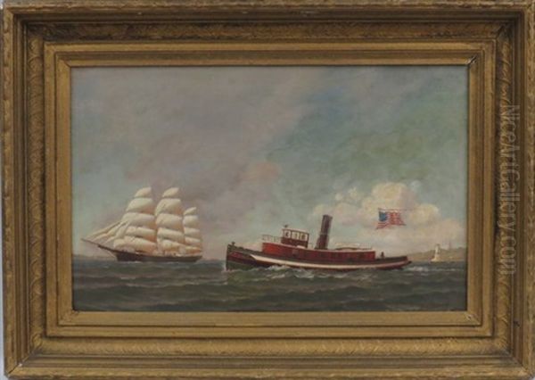 Tug Boat Flying American Flag, Schooner In Background Oil Painting by Warren W. Sheppard