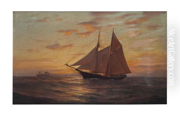 Seascape With Sailboat At Sunset Oil Painting by Warren W. Sheppard