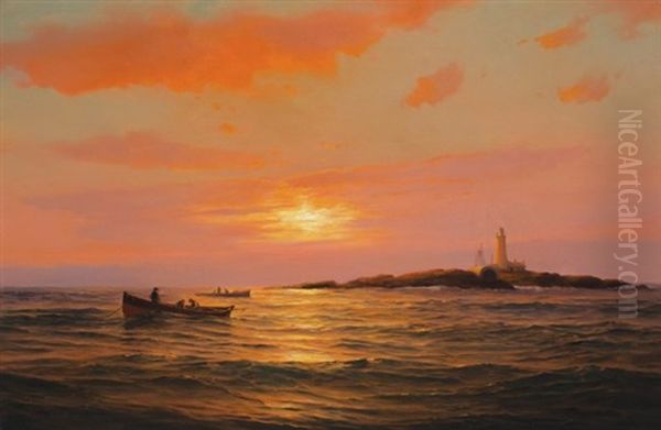 End Of Day, Halfway Rock Light Oil Painting by Warren W. Sheppard