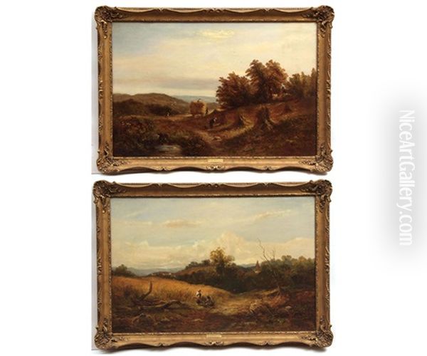 Landscape With Harvest Workers; Landscape With Children (pair) Oil Painting by Charles William Sherborn