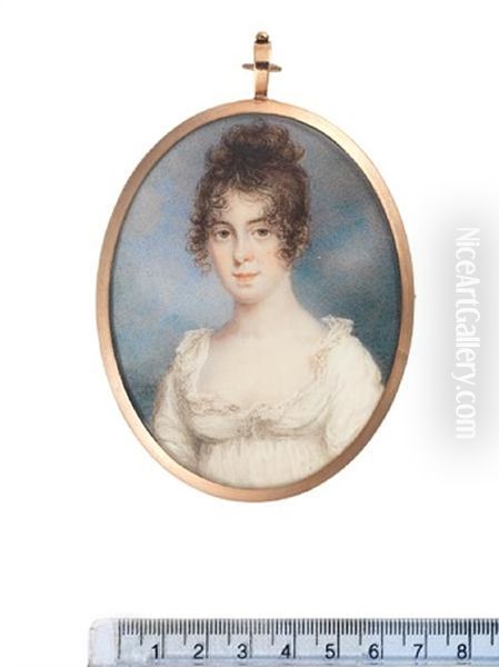 A Lady, Wearing White Dress With Frilled Trim, Her Dark Curly Hair Upswept Oil Painting by William Sherlock