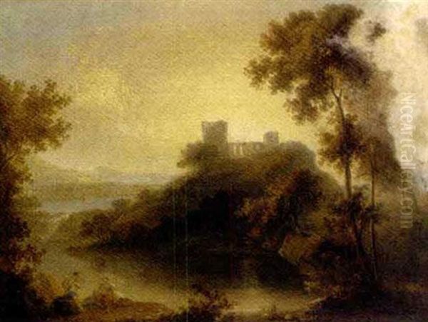 Figures In A Landscape With A Ruined Castle Beyond Oil Painting by William P. Sherlock