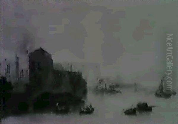 Hay Barges And Sailing Vesselson The Thames,with Blackfriarsbridge And St.paul's Cathedralbeyond Oil Painting by William P. Sherlock