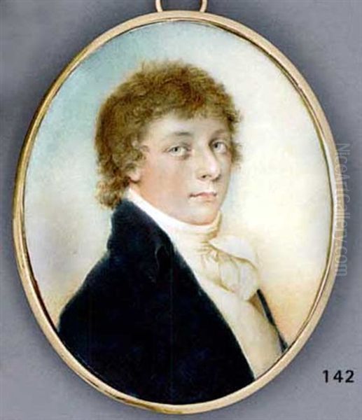 A Young Gentleman, In Blue Coat, White Waistcoat And Knotted Cravat Oil Painting by Charles Sherreff