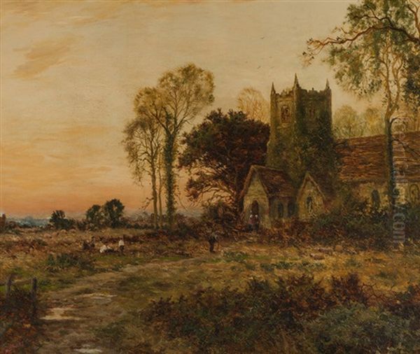 Church With Figures And Sheep In A Landscape Oil Painting by Daniel Sherrin