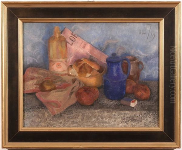 Still Life With Bread, Fruit, Bottle, And Newspaper Oil Painting by Aleksandr Vasilievich Shevchenko