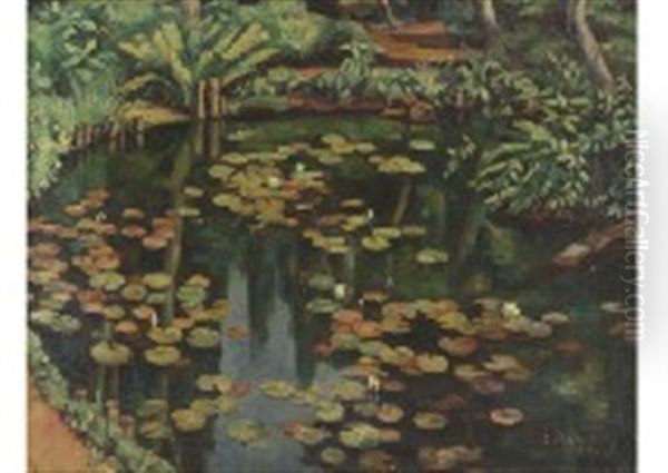 Lotus Pond Oil Painting by Okubo Shibutsu