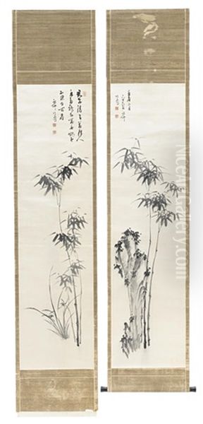 Standing Bamboo (pair) Oil Painting by Okubo Shibutsu