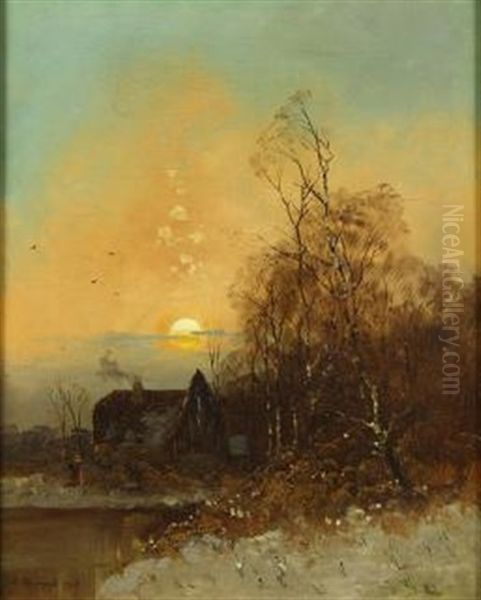 Winter Sunset Oil Painting by Andrei Nikolaevich Shilder