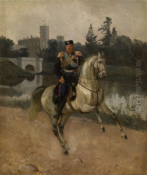 Portrait Of Alexander Iii On Horseback At Gatchina Oil Painting by Nicolai Schilder