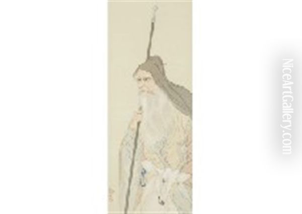 Old Wise Man And Holy Deer Oil Painting by  Shimomura Kanzan (Seizaburo)