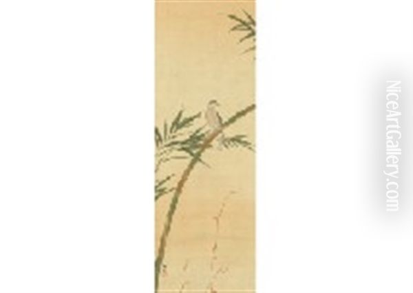 A Bird And Bamboo Oil Painting by  Shimomura Kanzan (Seizaburo)