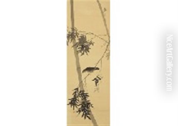 Bamboo And A Bird Oil Painting by  Shimomura Kanzan (Seizaburo)