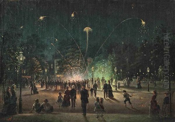 Fireworks, 4th July Oil Painting by Antonion Zeno Shindler