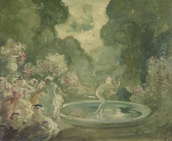 Group Of Figures At A Garden Fountain Oil Painting by Everett Shinn