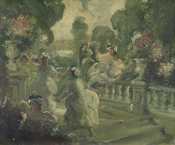 Group Of Figures On A Garden Terrace Oil Painting by Everett Shinn