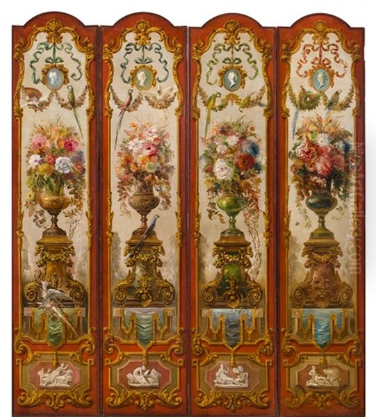 Four Panels Of A Ten-panel Decorative Screen (from The Ballard House, Louisville, Kentucky) Oil Painting by Everett Shinn