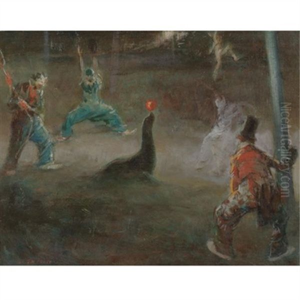 Clowns Playing Ball With Seal Oil Painting by Everett Shinn