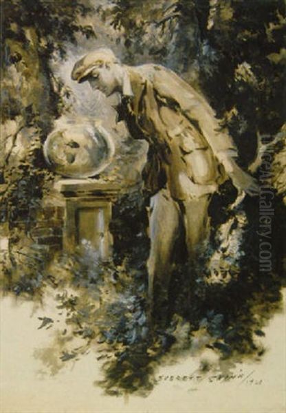 Man Peering Into Outdoor Goldfish Bowl Oil Painting by Everett Shinn