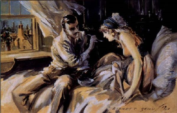 Man Feeding Woman In Bed, Window Open To Paris Oil Painting by Everett Shinn