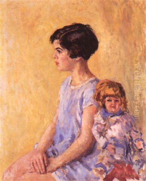 Portrait Of A Girl With Her Doll Oil Painting by Everett Shinn