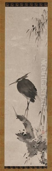 Heron Perched On A Tree Branch With Bamboo Oil Painting by  Shinso