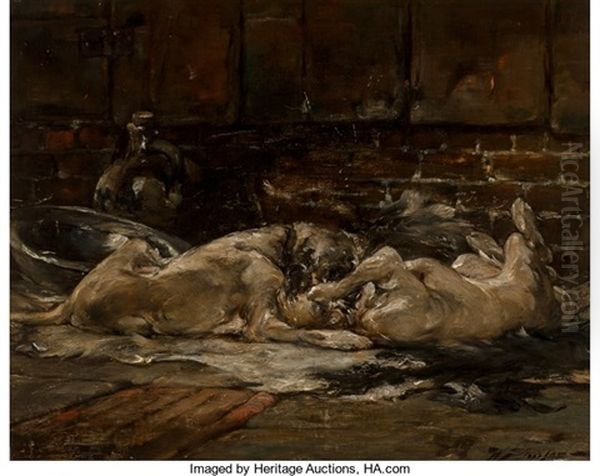 Mastiffs At Play Oil Painting by Walter Shirlaw