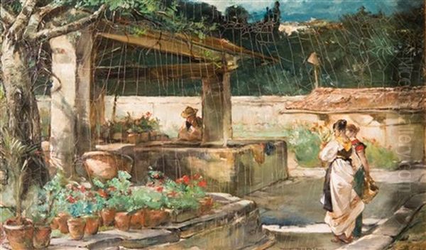 The Garden Oil Painting by Walter Shirlaw