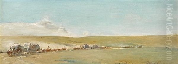 Covered Wagons Oil Painting by Walter Shirlaw