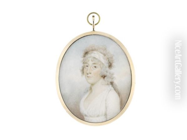 A Portrait Miniature Of A Lady, Wearing White Dress And Matching Bandeau Finished With Pearls In Her Curled And Powdered Hair Oil Painting by Charles Shirreff