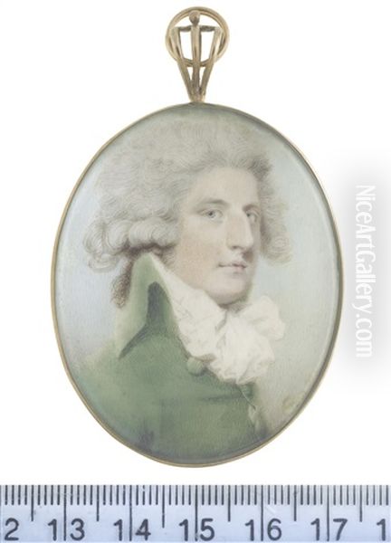 A Gentleman, Wearing Bright Green Coat And Voluminous Frilled White Cravat, His Wig Powdered Oil Painting by Charles Shirreff