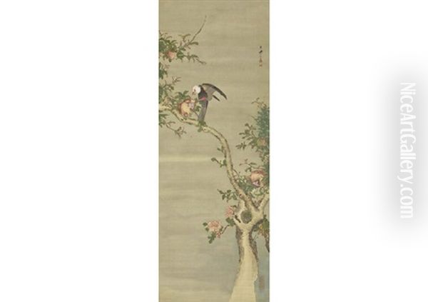 Pomegranate And Bird Oil Painting by  Shiseki