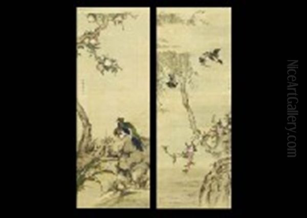 Flowers And Birds (pair) Oil Painting by  Shiseki