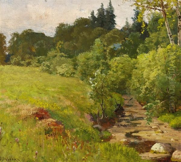 Russian Summer Landscape At Ostrovki Near The Neva River Oil Painting by Iwan Iwanowicz Shishkin