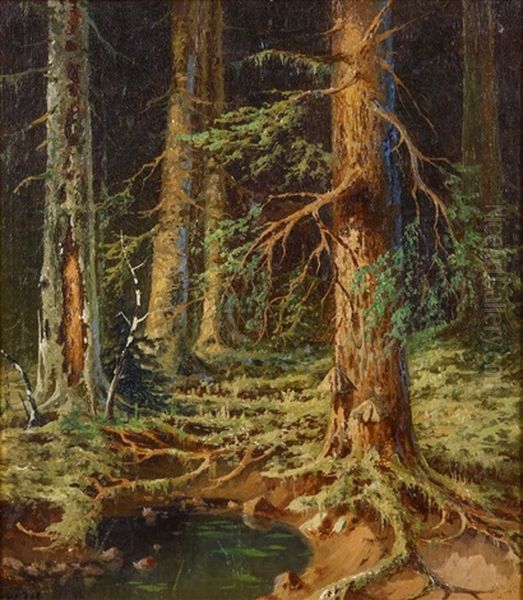 Pond In A Wood Oil Painting by Iwan Iwanowicz Shishkin