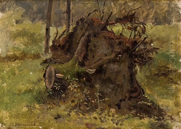 Uprooted Stump In A Forest Oil Painting by Iwan Iwanowicz Shishkin