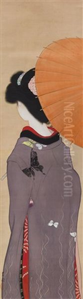 Beauty With Umbrella Oil Painting by Ikeda Shoen