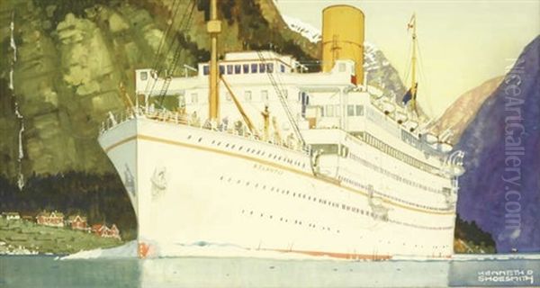 Royal Mail 'atlantis Cruises' Ocean Liner In A Fjord Oil Painting by Kenneth Shoesmith